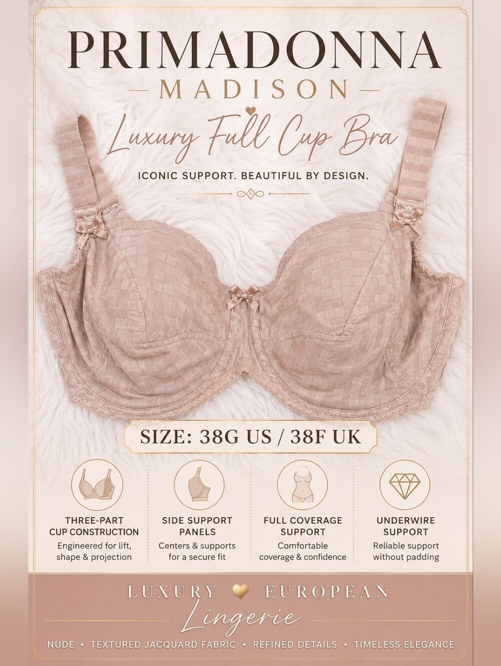 PrimaDonna Madison Full Cup Bra 38G US 38F UK Nude Underwire